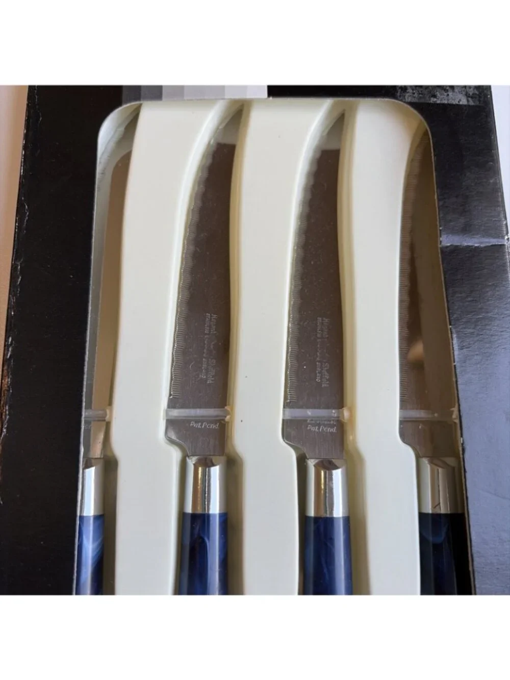 VTG Regent Sheffield England Steak Knives Knife Blue Acrylic Handle Set of 4 NEW